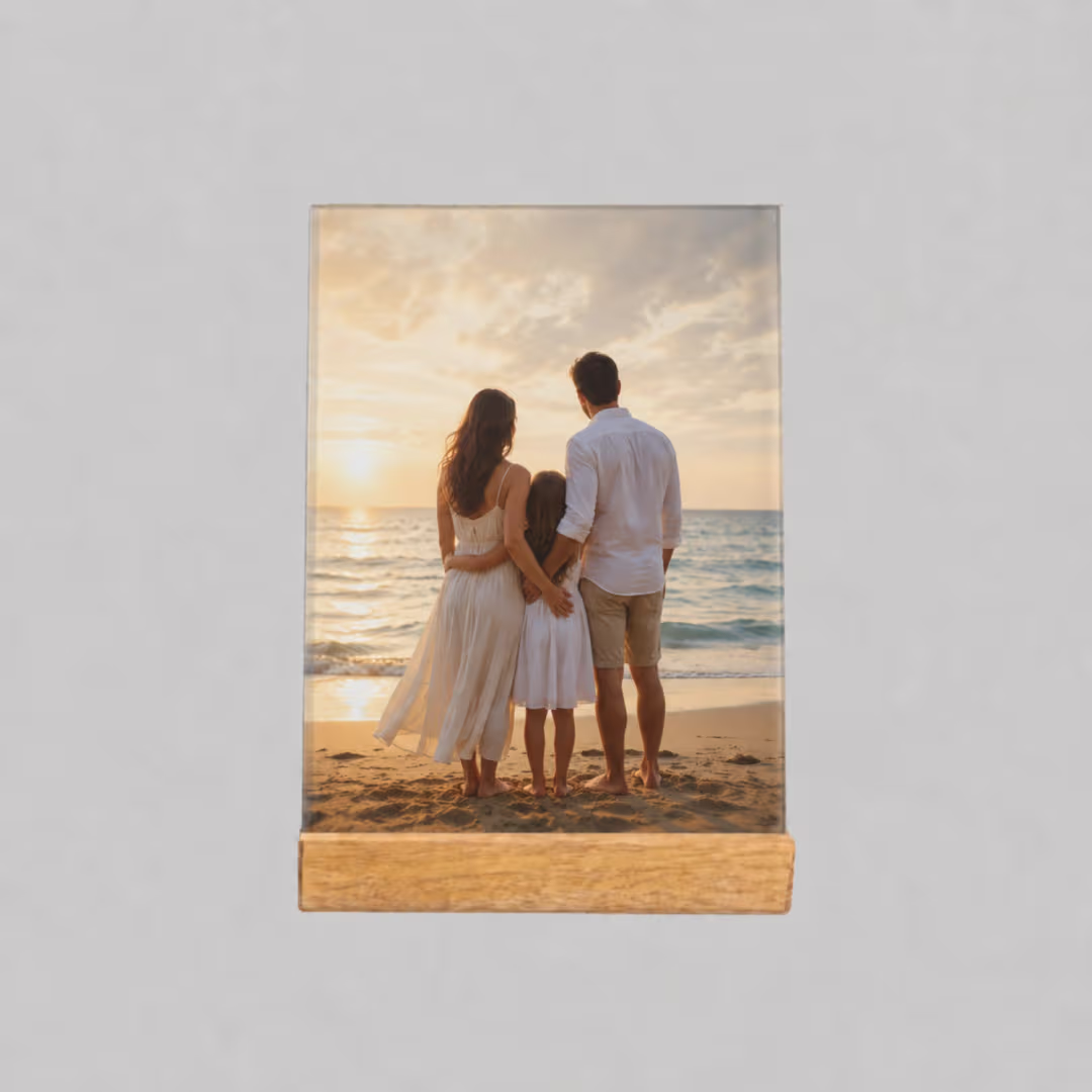 Acrylic Photo Frame with Wooden Stand – Personalized UV Print