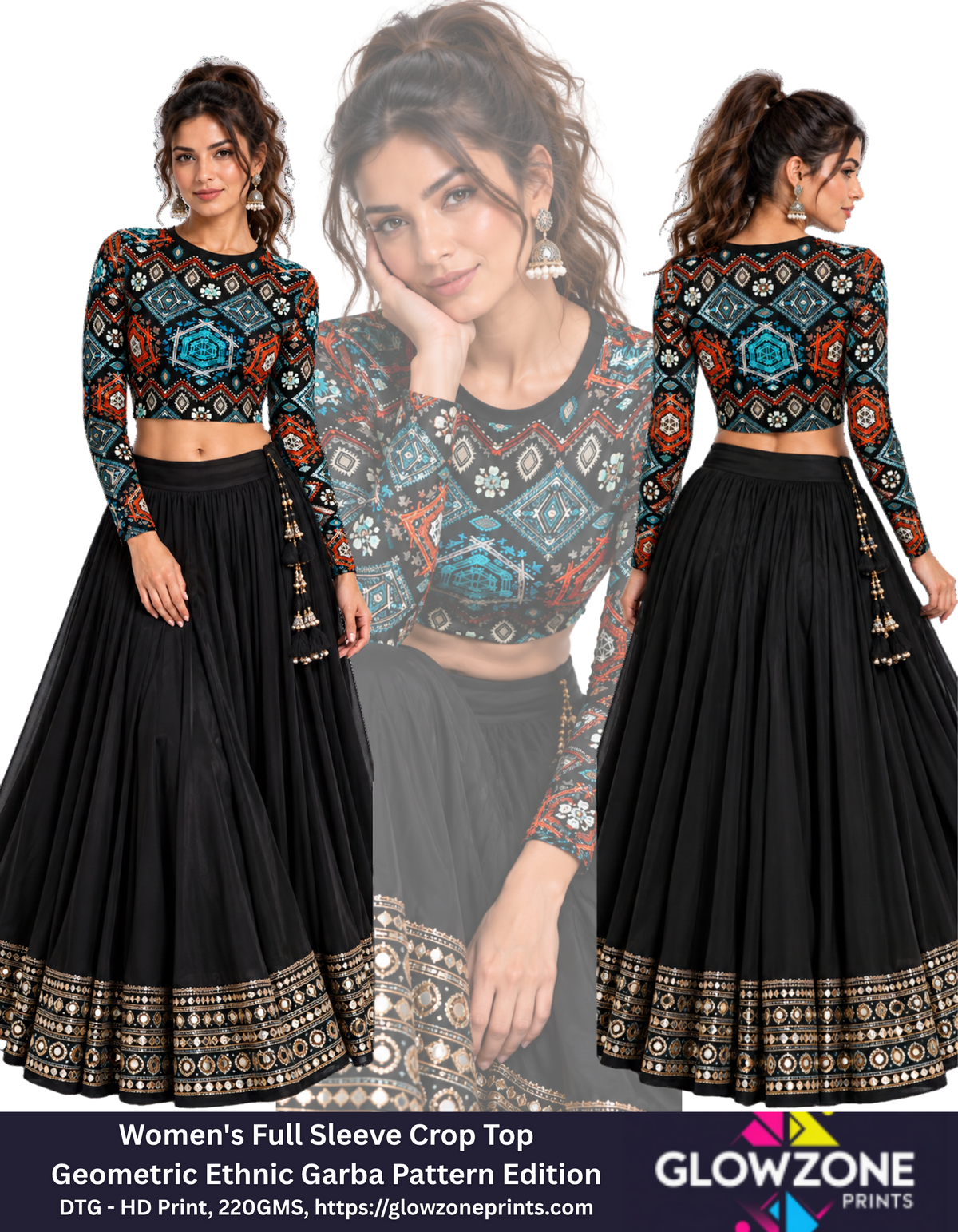 Women's Full Sleeve Crop Top – Geometric Ethnic Garba Pattern Edition GlowZonePrints