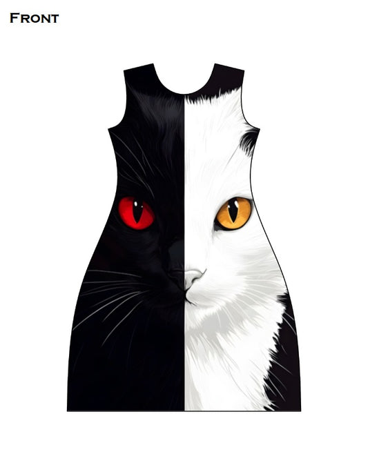 Black and White Cat AOP A line Dress GlowZonePrints