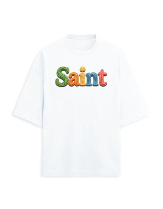 Unisex Terry Oversized Tee – Woolen SAINT Text Edition White - Woolen Text Effect GlowZonePrints