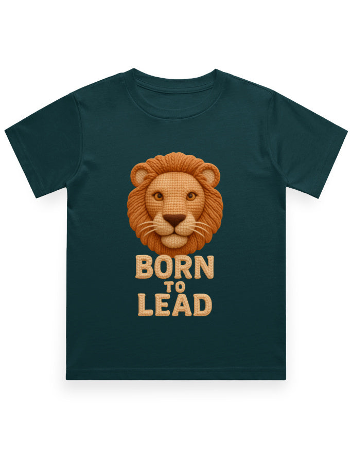 Kids Crew Neck T-Shirt – Born to Lead Lion Edition Petrol Blue GlowZonePrints
