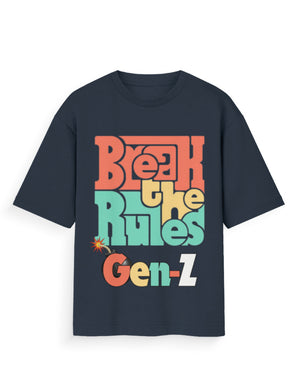 Unisex Oversized Standard T-Shirt – Break the Rules Gen-Z Navy Blue GlowZonePrints