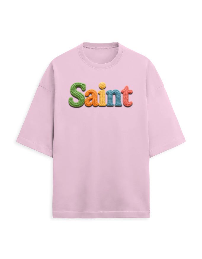 Unisex Terry Oversized Tee – Woolen SAINT Text Edition Light Baby Pink - Woolen Text Effect GlowZonePrints