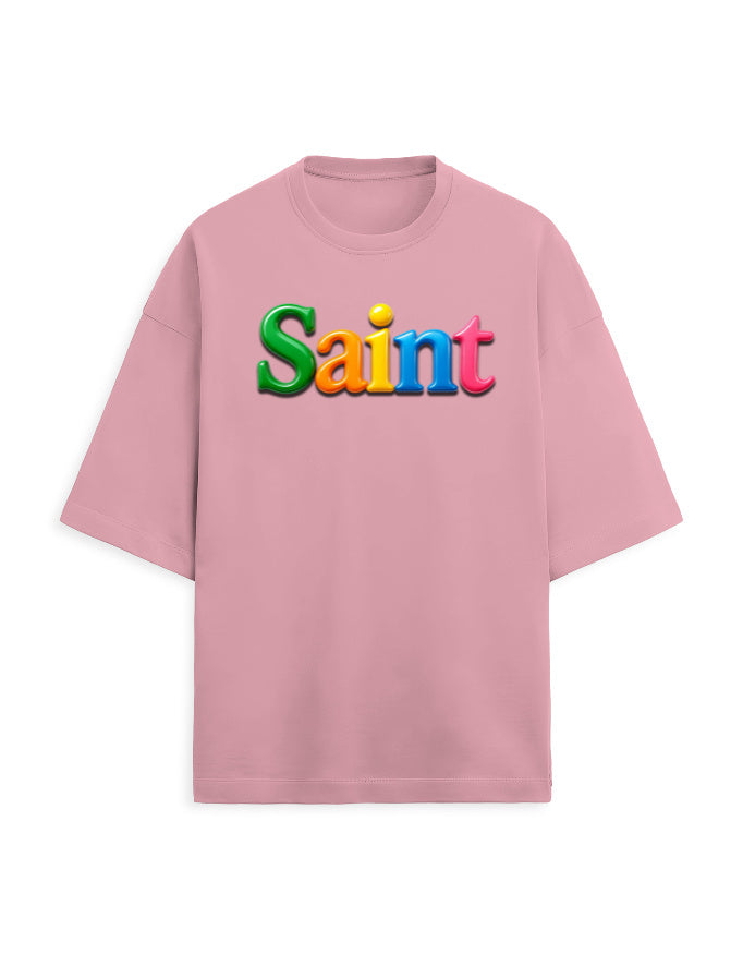 Unisex Terry Oversized Tee – Glossy SAINT Text Edition Flamingo - Glossy Text Effect GlowZonePrints