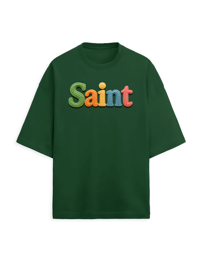 Unisex Terry Oversized Tee – Woolen SAINT Text Edition Bottle Green - Woolen Text Effect GlowZonePrints
