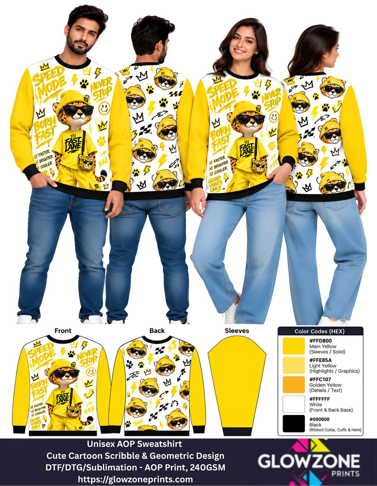 Unisex Animal Cartoon Sweatshirt - Cute Scribble & Geometric Print Cheetah Yellow GlowZonePrints