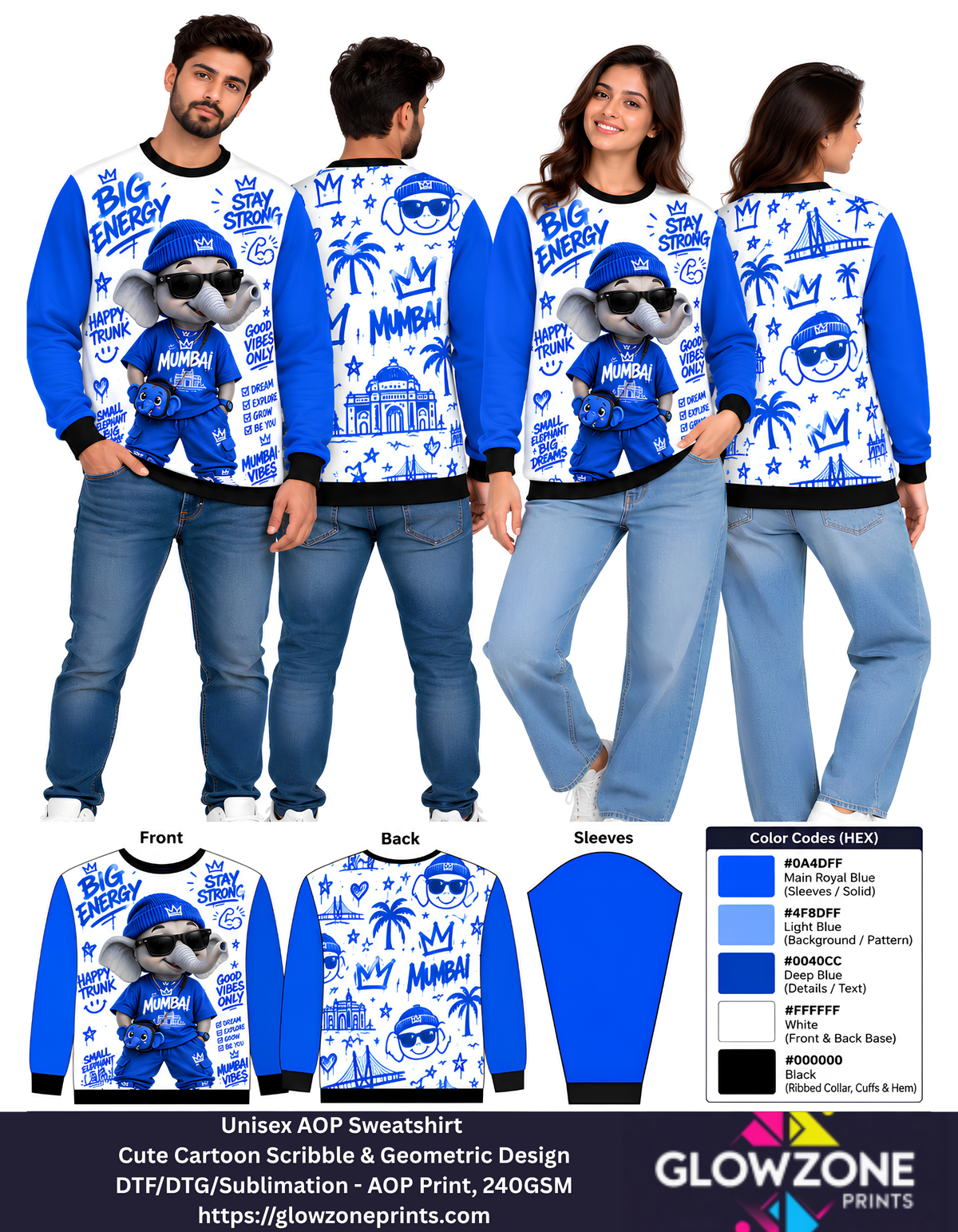 Unisex Animal Cartoon Sweatshirt - Cute Scribble & Geometric Print Elephant Royal Blue GlowZonePrints