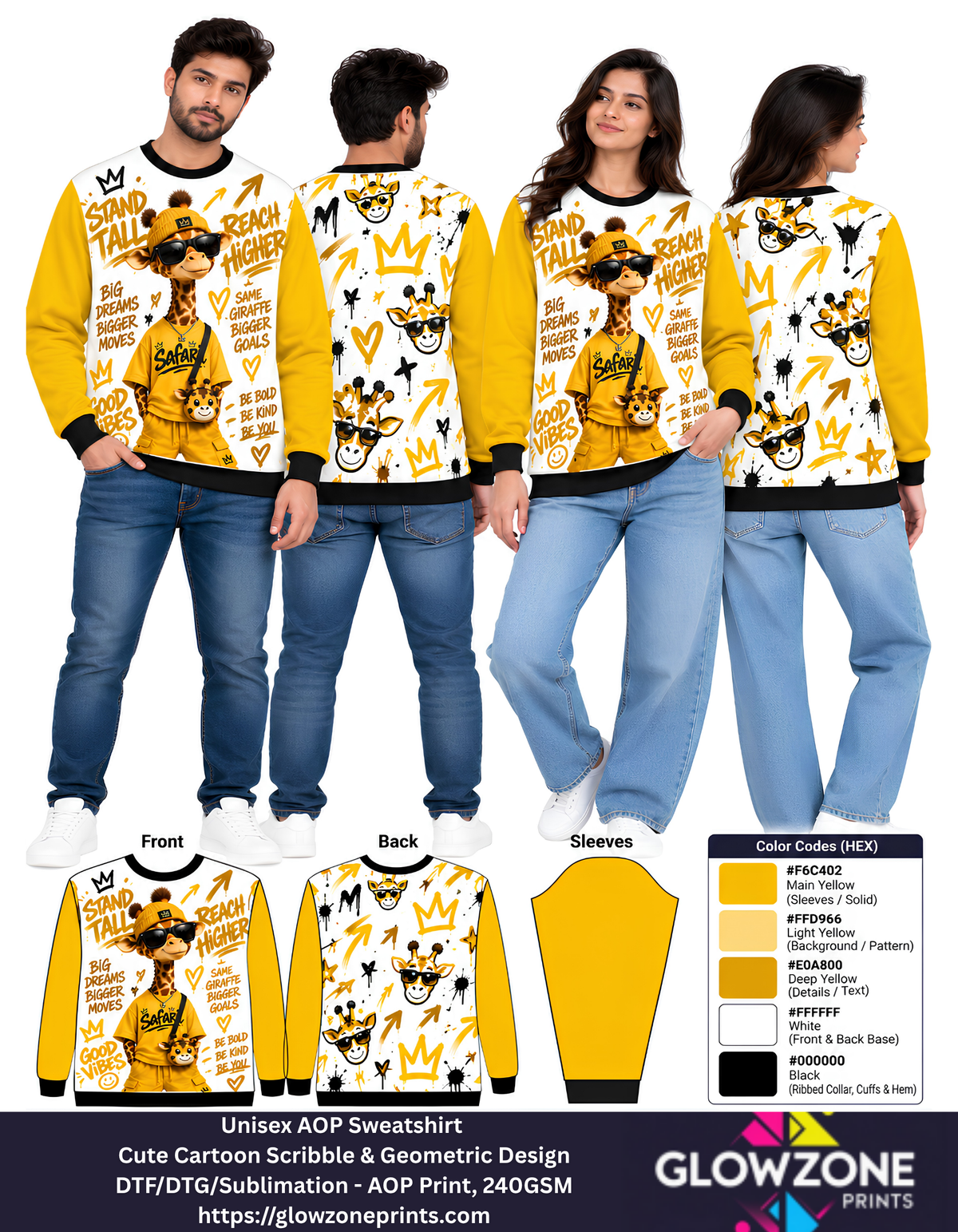 Unisex Animal Cartoon Sweatshirt - Cute Scribble & Geometric Print Giraffe Yellow GlowZonePrints