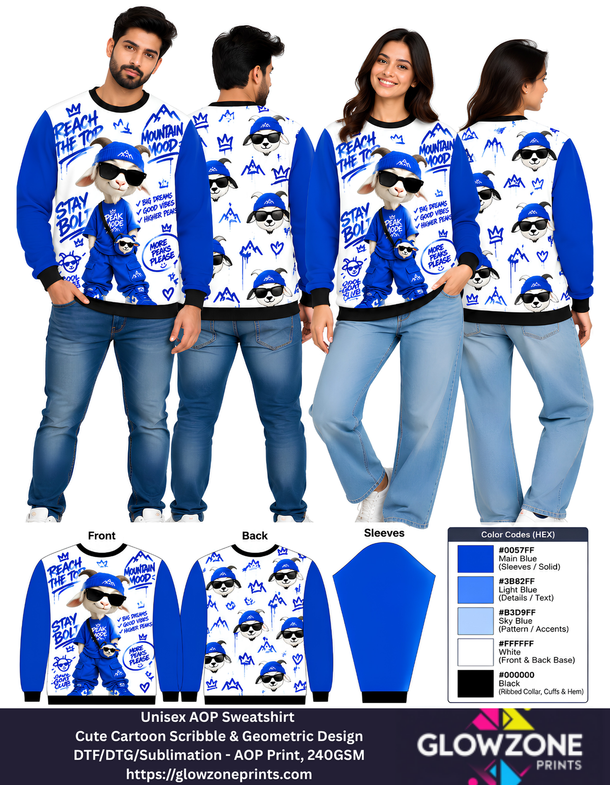 Unisex Animal Cartoon Sweatshirt - Cute Scribble & Geometric Print Goat Blue GlowZonePrints