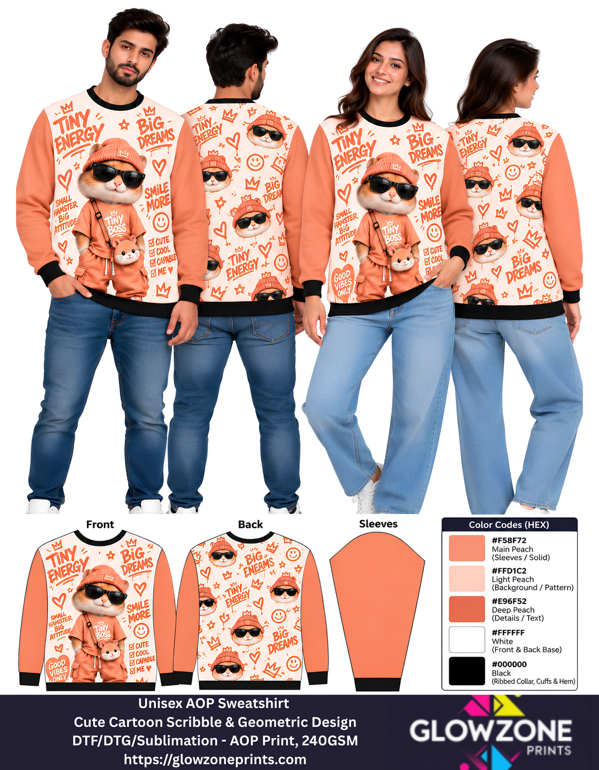 Unisex Animal Cartoon Sweatshirt - Cute Scribble & Geometric Print Hamster Peach GlowZonePrints