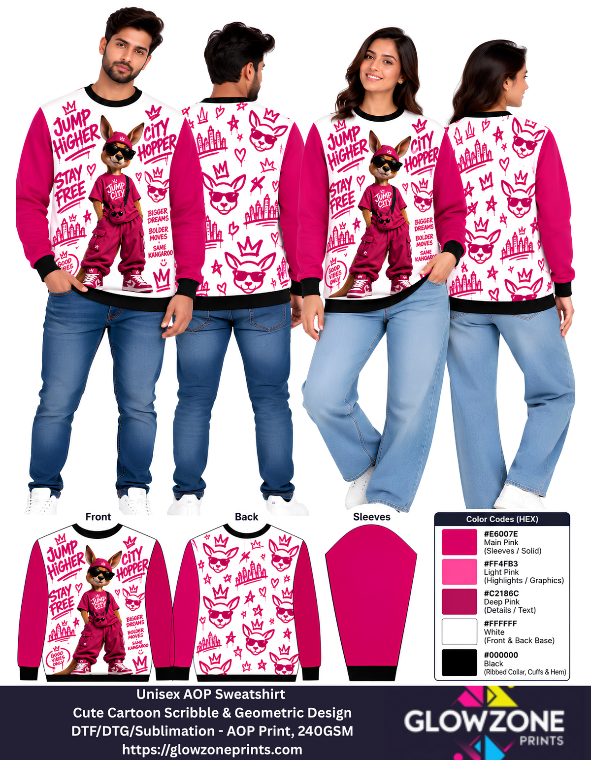 Unisex Animal Cartoon Sweatshirt - Cute Scribble & Geometric Print Kangaroo Pink GlowZonePrints