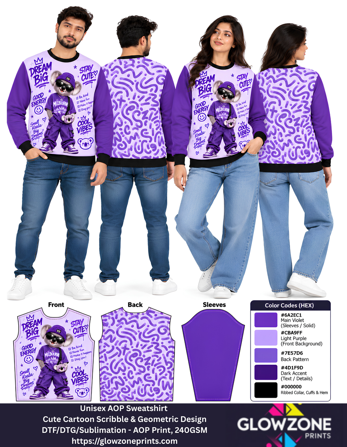 Unisex Animal Cartoon Sweatshirt - Cute Scribble & Geometric Print Koala Violet GlowZonePrints