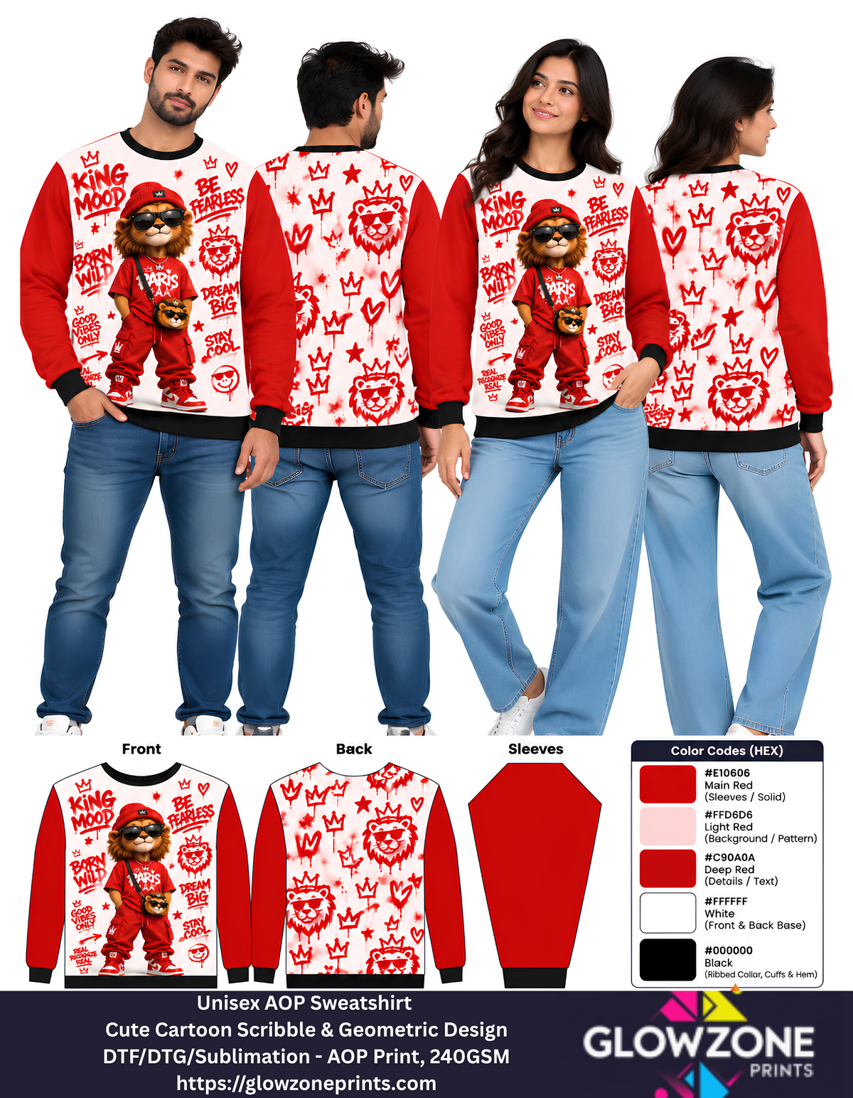 Unisex Animal Cartoon Sweatshirt - Cute Scribble & Geometric Print Lion Red GlowZonePrints