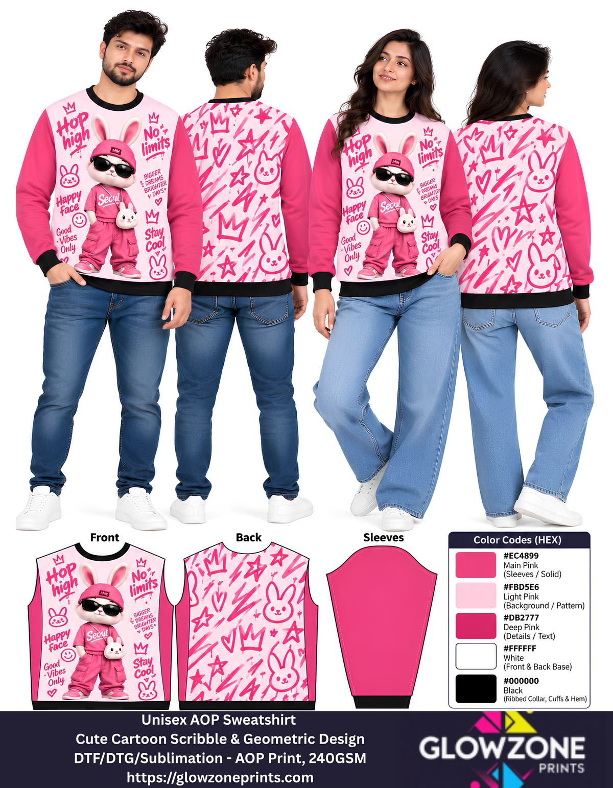 Unisex Animal Cartoon Sweatshirt - Cute Scribble & Geometric Print Rabit Pink GlowZonePrints