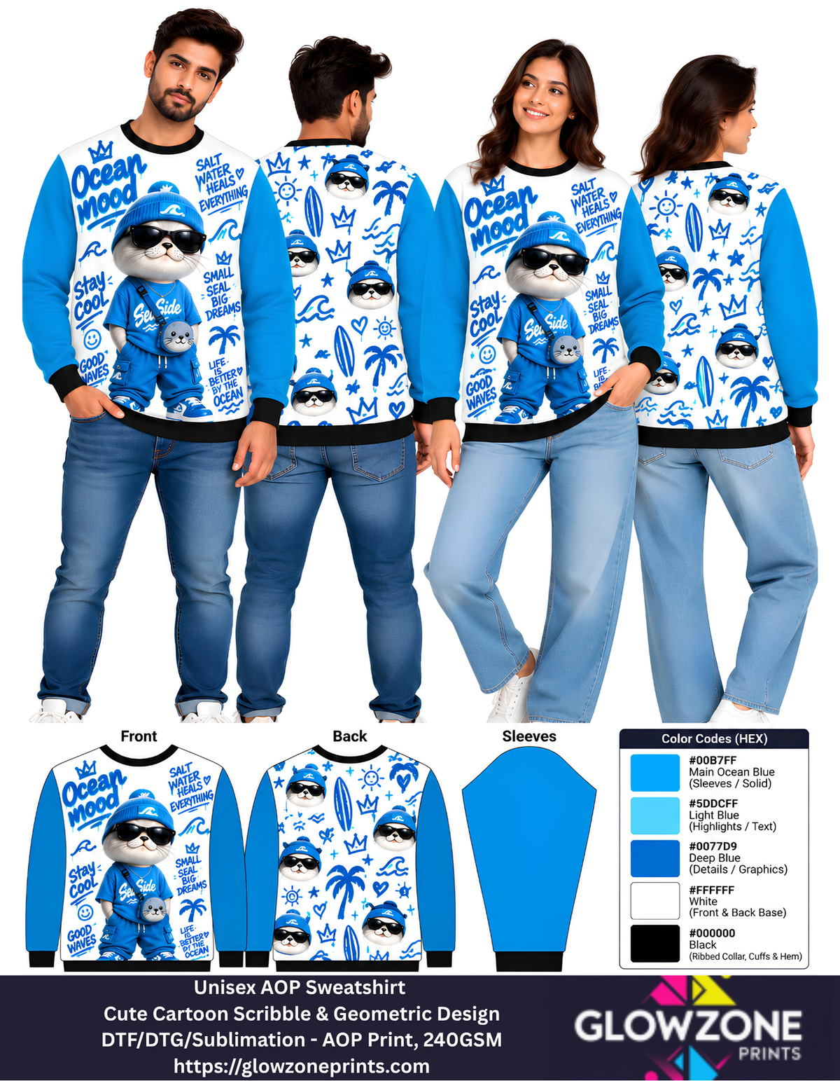 Unisex Animal Cartoon Sweatshirt - Cute Scribble & Geometric Print Seal Ocean Blue GlowZonePrints