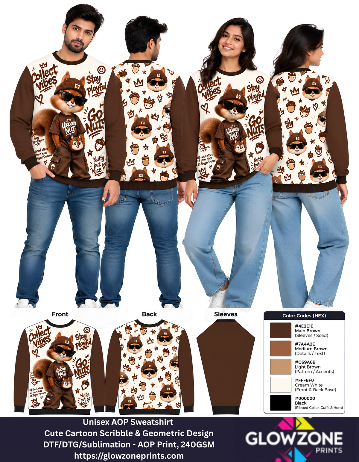Unisex Animal Cartoon Sweatshirt - Cute Scribble & Geometric Print Squirel Brown GlowZonePrints