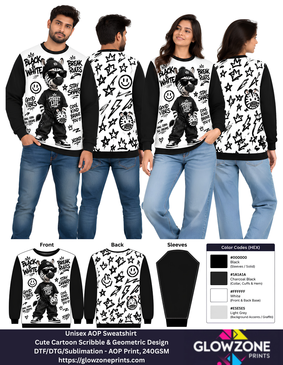 Unisex Animal Cartoon Sweatshirt - Cute Scribble & Geometric Print Zebra Black GlowZonePrints