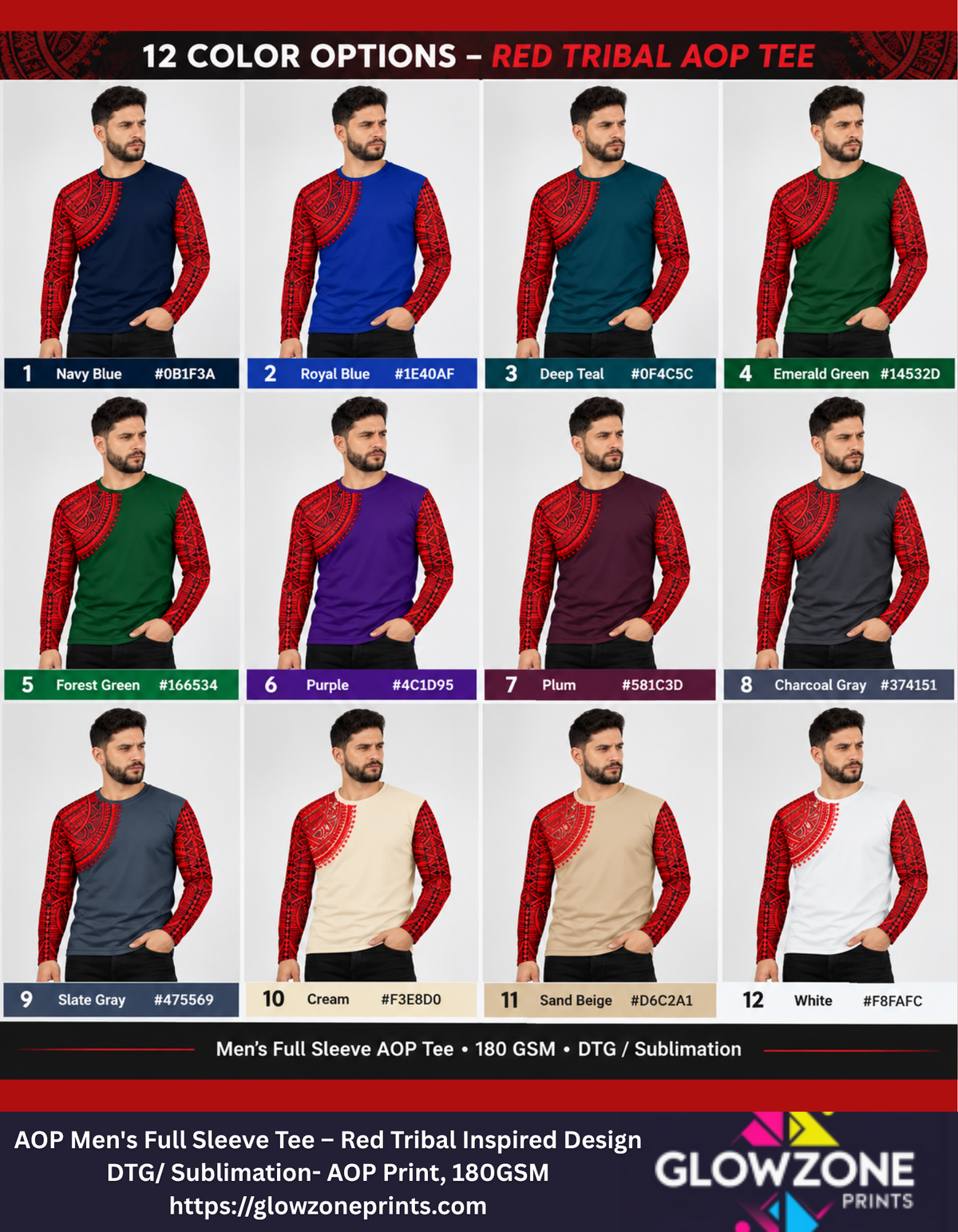 AOP Men's Full Sleeve Tee – Red Tribal Design GlowZonePrints