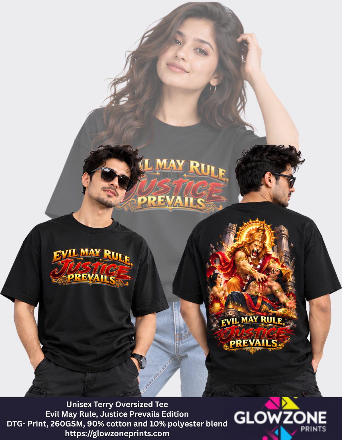 Unisex Terry Oversized Tee – Evil May Rule, Justice Prevails Edition GlowZonePrints