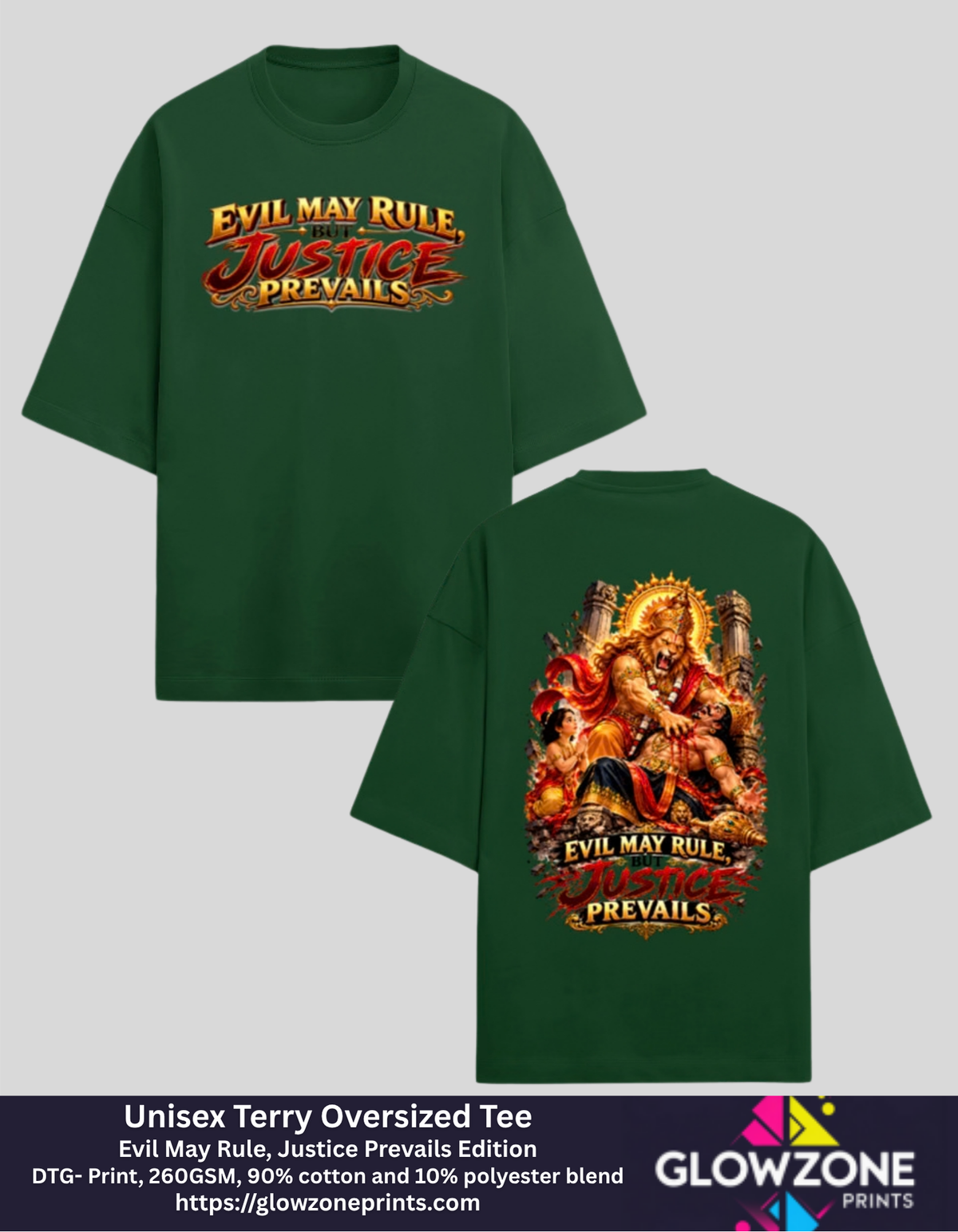 Unisex Terry Oversized Tee – Evil May Rule, Justice Prevails Edition Bottle Green GlowZonePrints