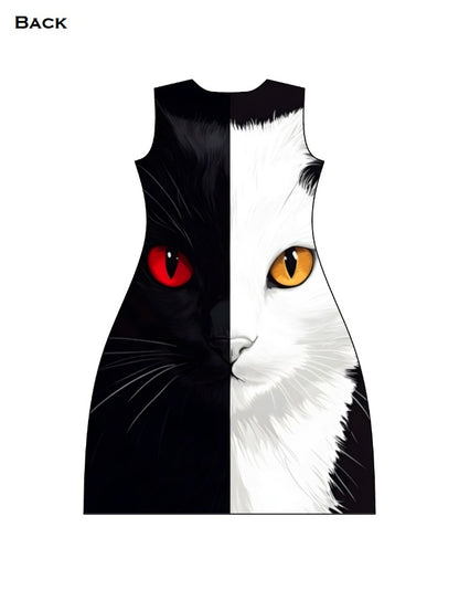Black and White Cat AOP A line Dress GlowZonePrints