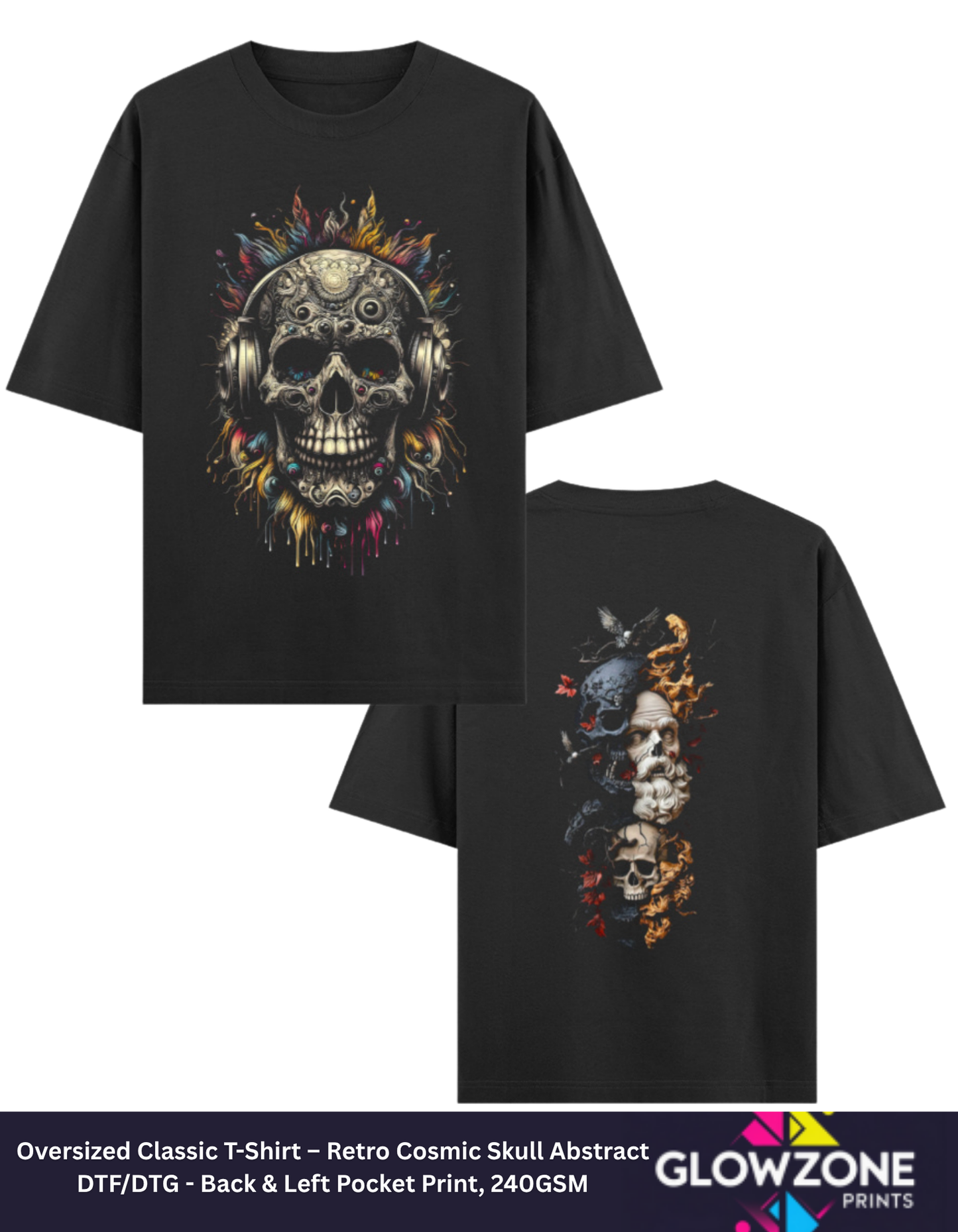 Oversized Classic T-Shirt – Retro Cosmic Skull Abstract Black GlowZonePrints