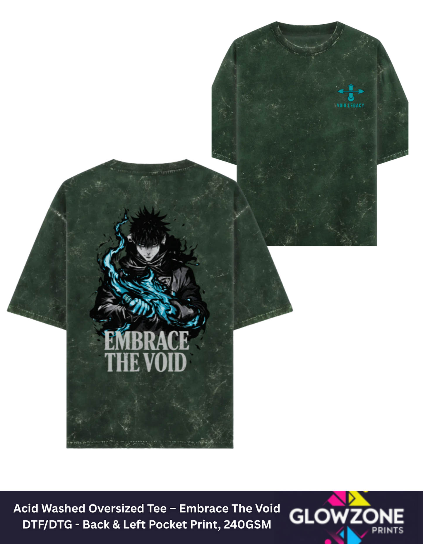 Acid Washed Oversized Tee – Embrace The Void Bottle Green GlowZonePrints