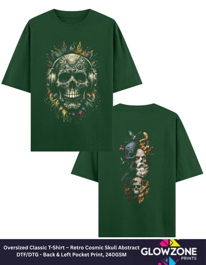 Oversized Classic T-Shirt – Retro Cosmic Skull Abstract Bottle Green GlowZonePrints