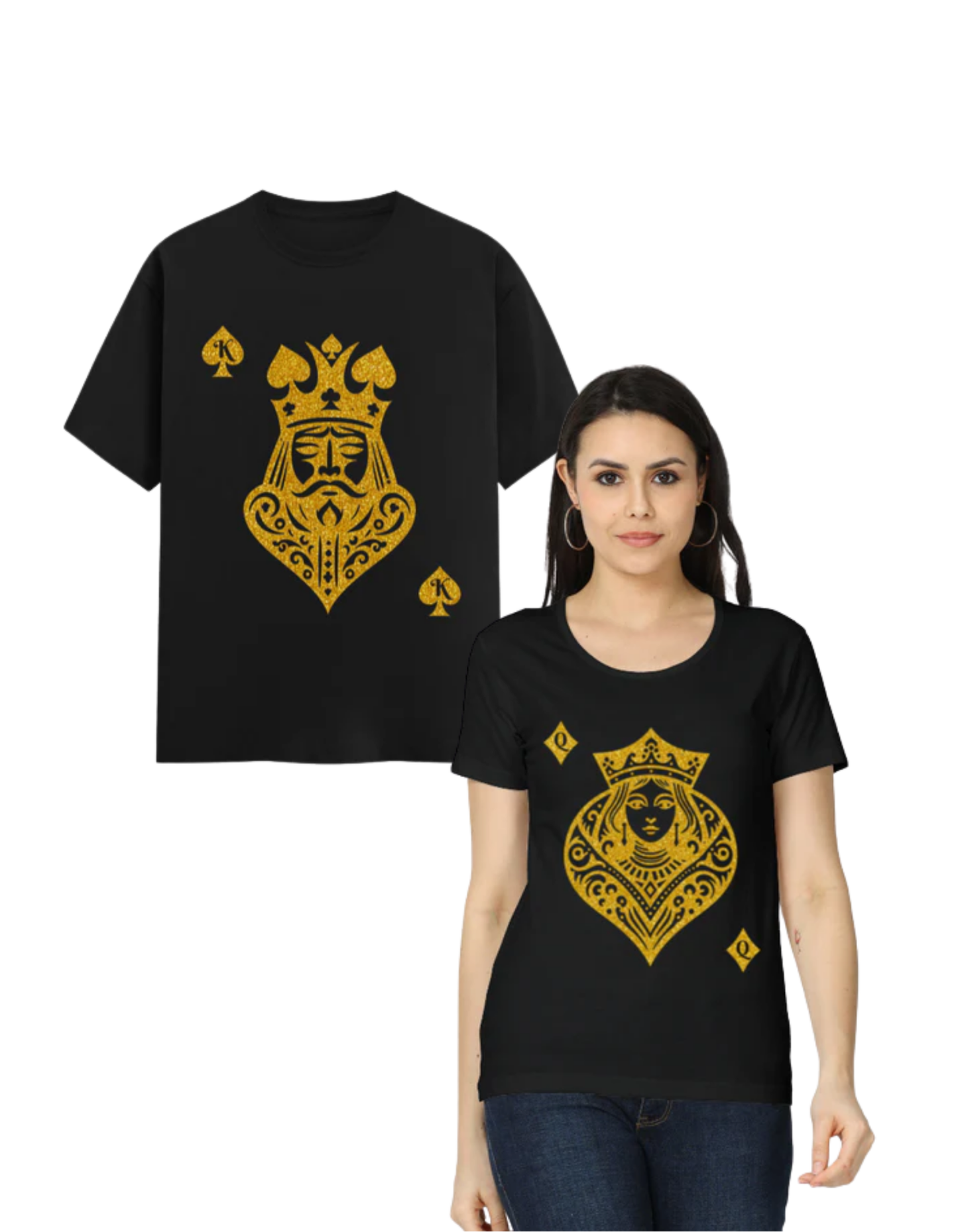 Card King Heart & Card Queen Diamond T-Shirt Black GlowZonePrints
