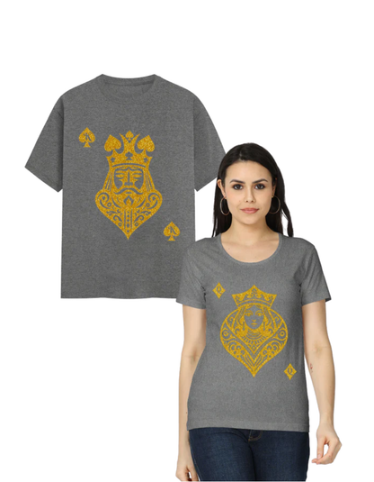 Card King Heart & Card Queen Diamond T-Shirt Charcoal Melange GlowZonePrints
