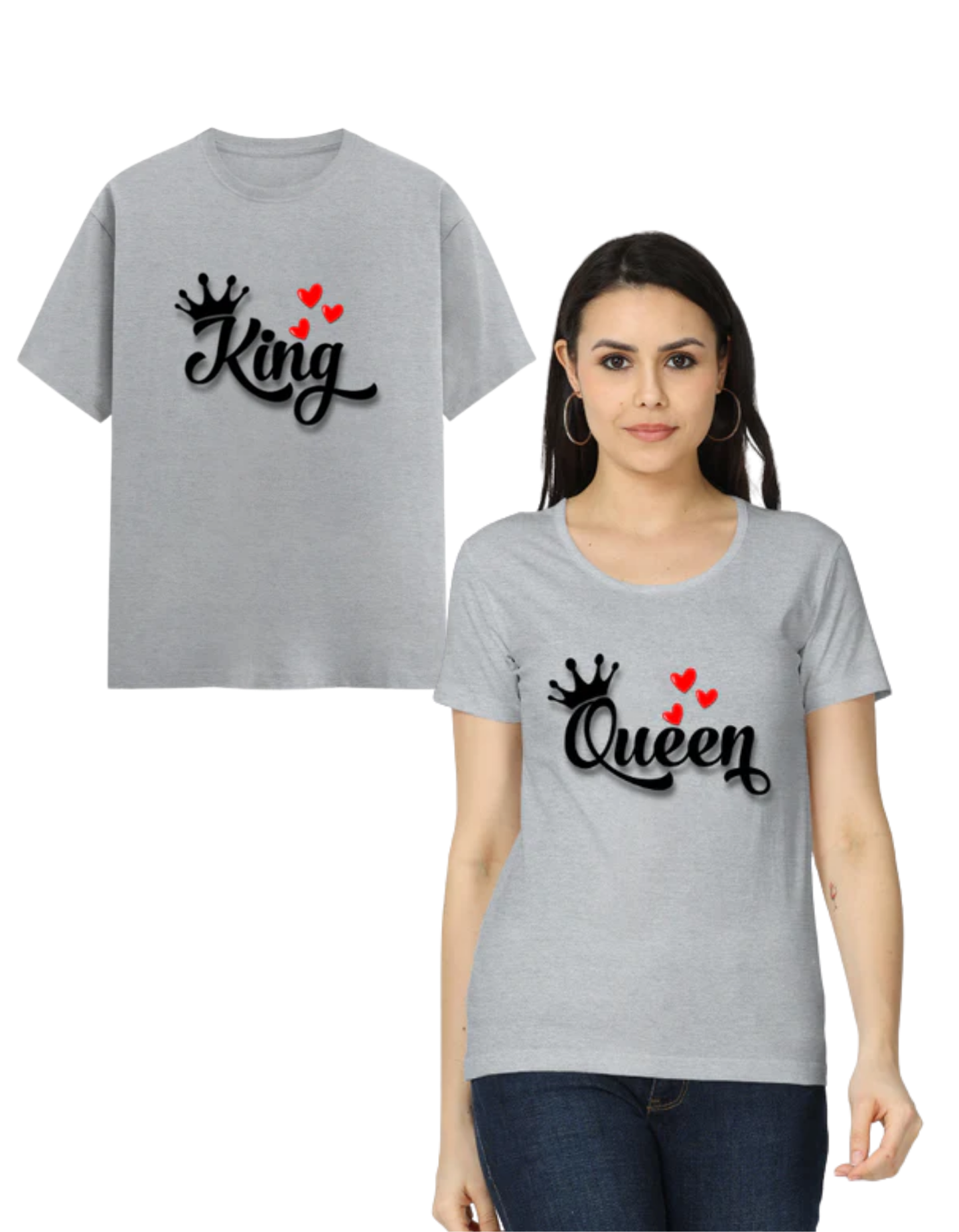 King & Queen Couple T Shirts Grey Melange GlowZonePrints