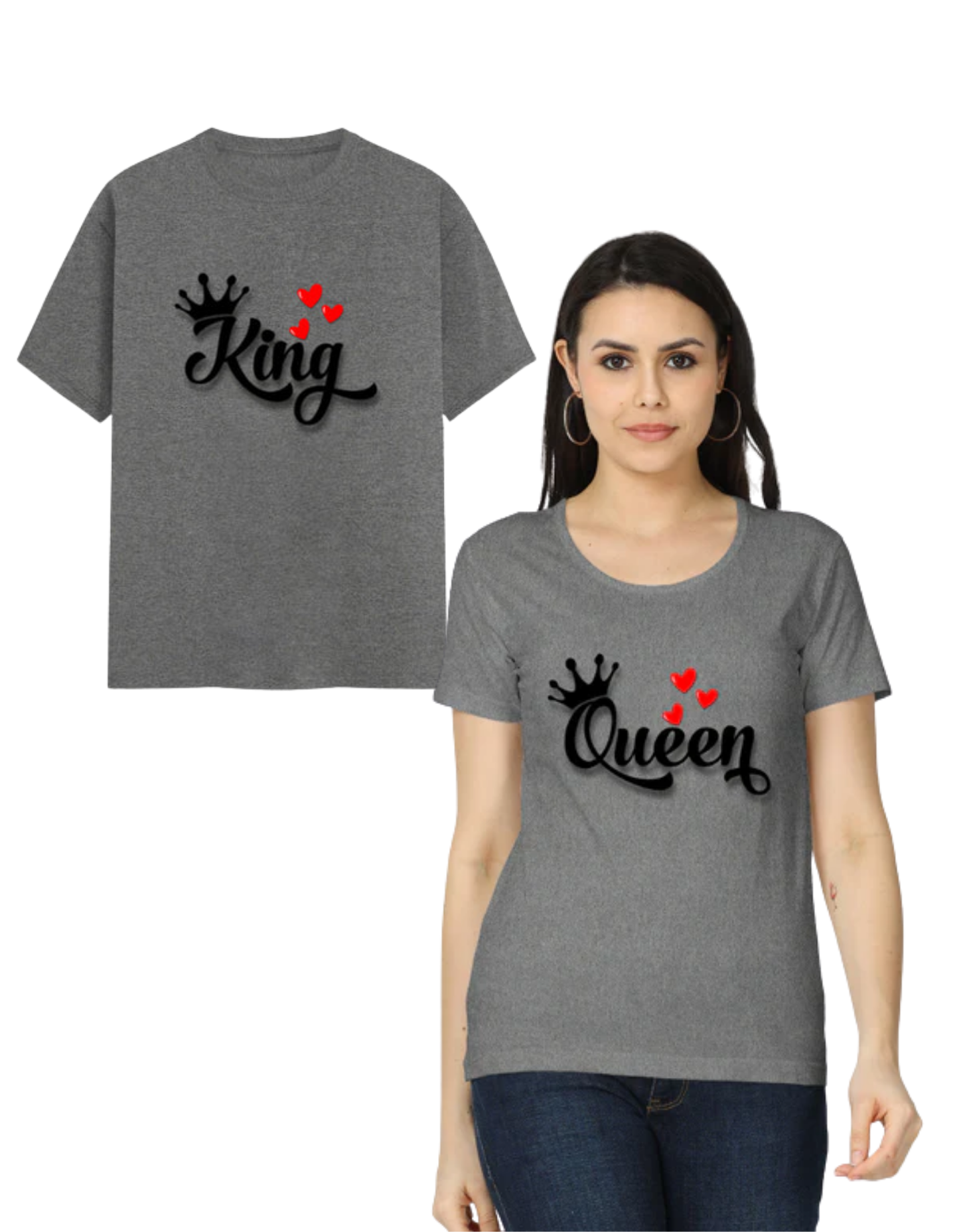 King & Queen Couple T Shirts Charcoal Melange GlowZonePrints