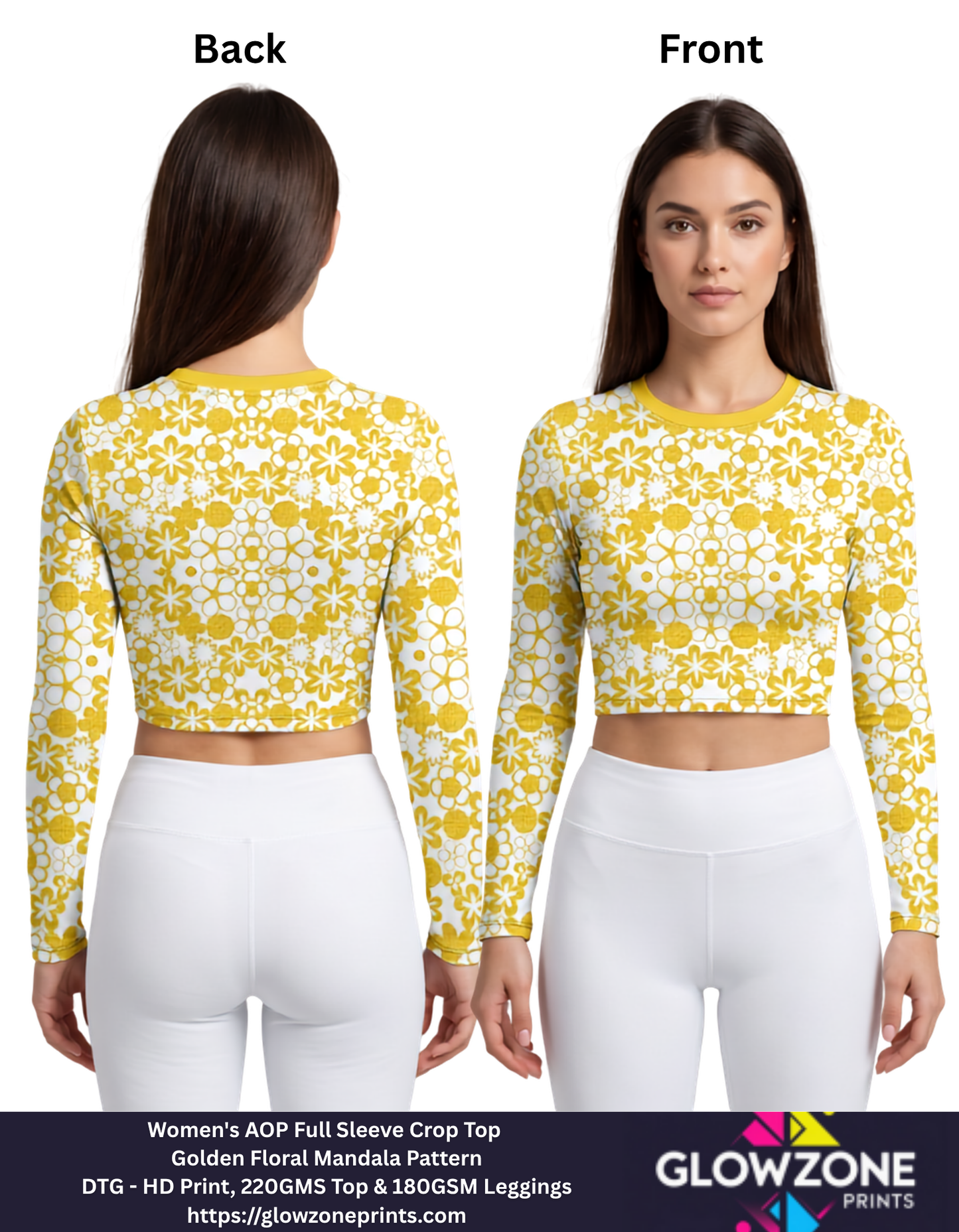 Women's AOP Full Sleeve Crop Top – Golden Floral Mandala Pattern