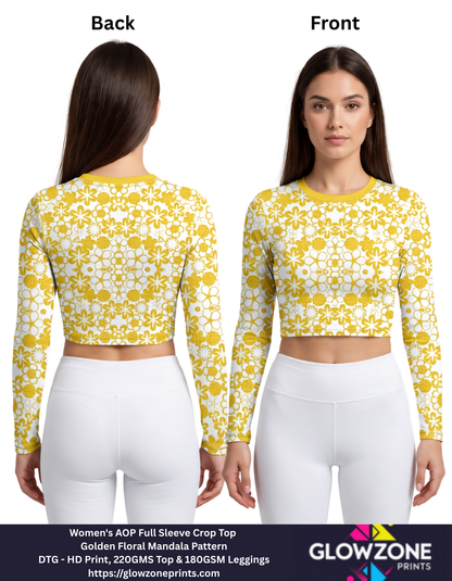 Women's AOP Full Sleeve Crop Top – Golden Floral Mandala Pattern