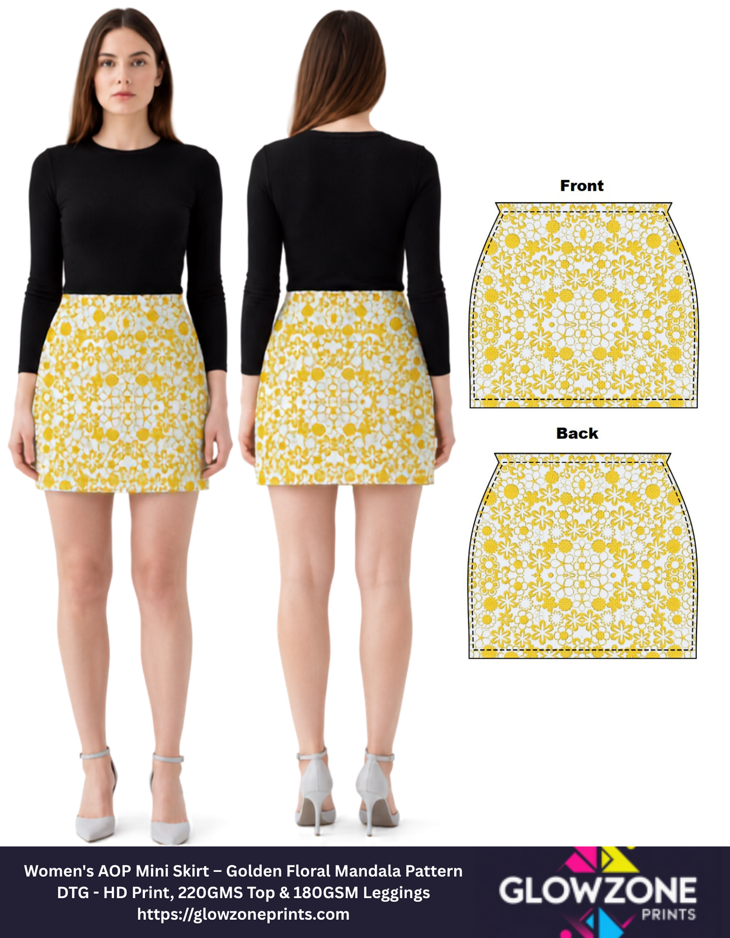 Women's AOP Mini Skirt – Golden Floral Mandala Pattern GlowZonePrints
