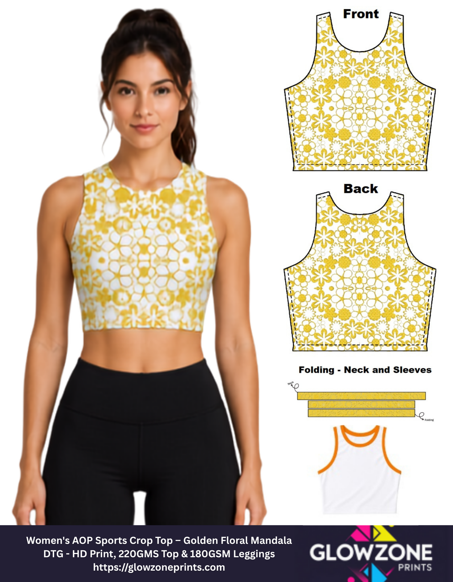 Women's AOP Sports Crop Top – Golden Floral Mandala GlowZonePrints