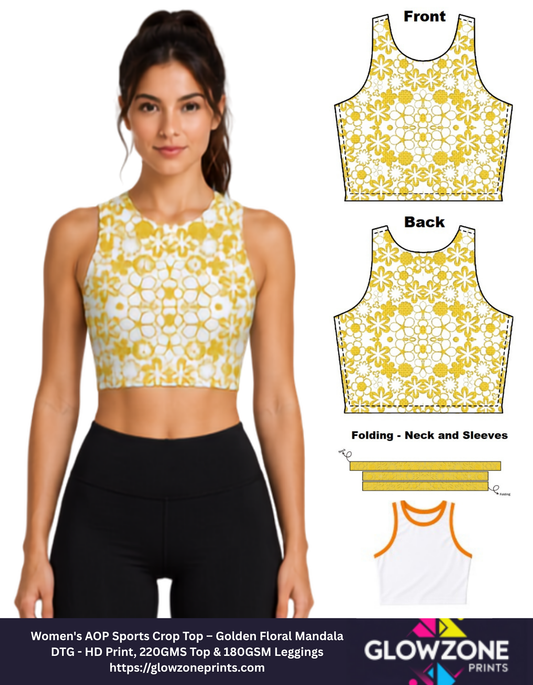Women's AOP Sports Crop Top – Golden Floral Mandala GlowZonePrints