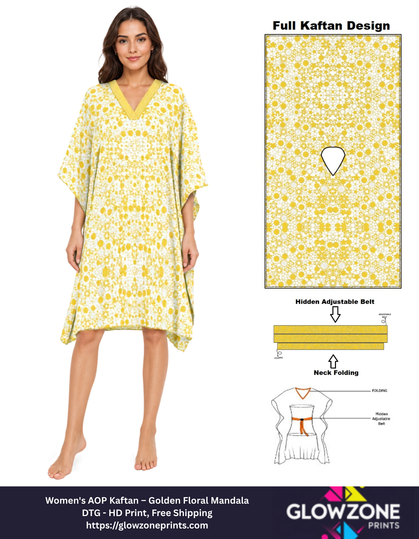 Women's AOP Kaftan – Golden Floral Mandala GlowZonePrints