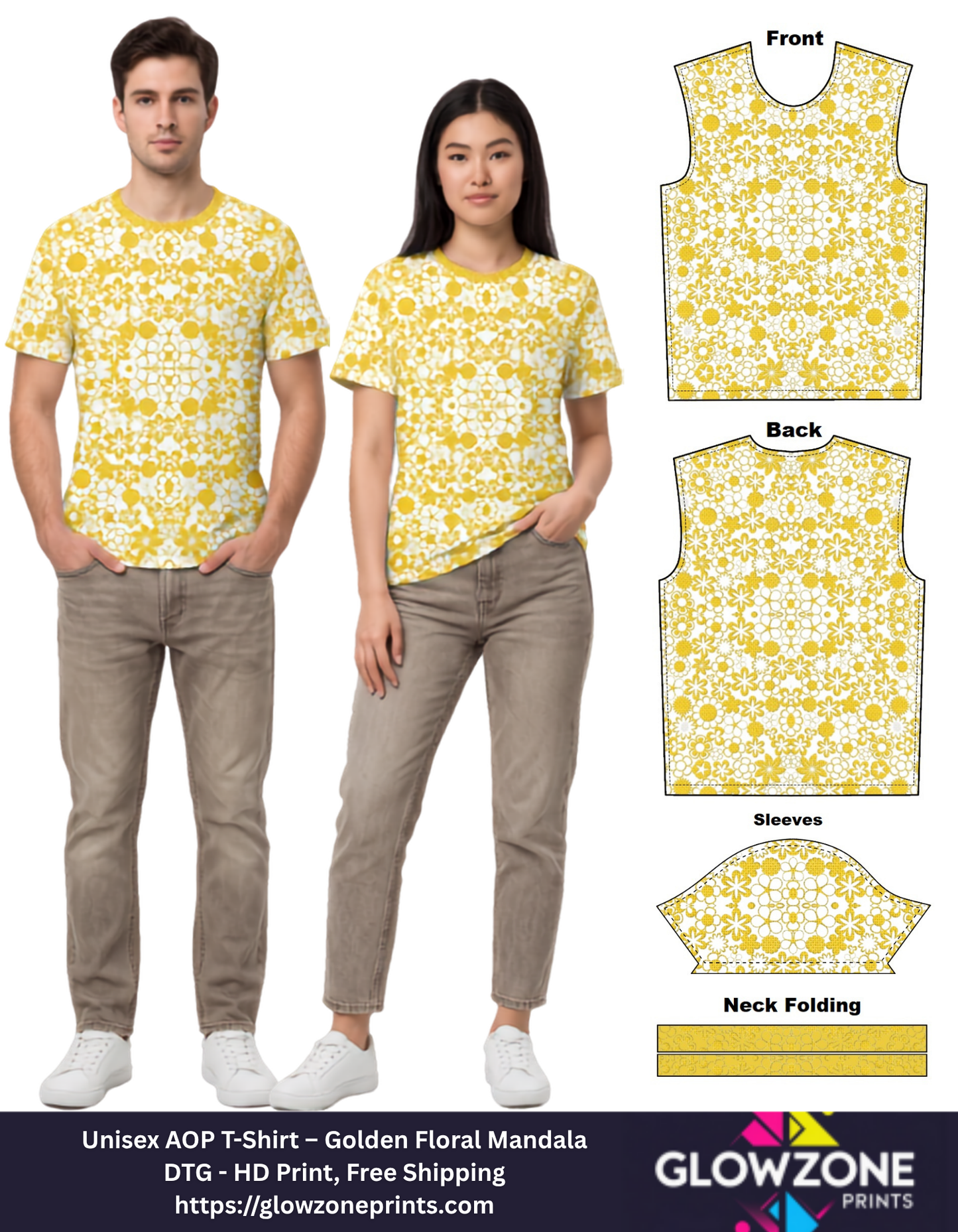 Unisex AOP T-Shirt – Golden Floral Mandala Golden Floral Mandala GlowZonePrints