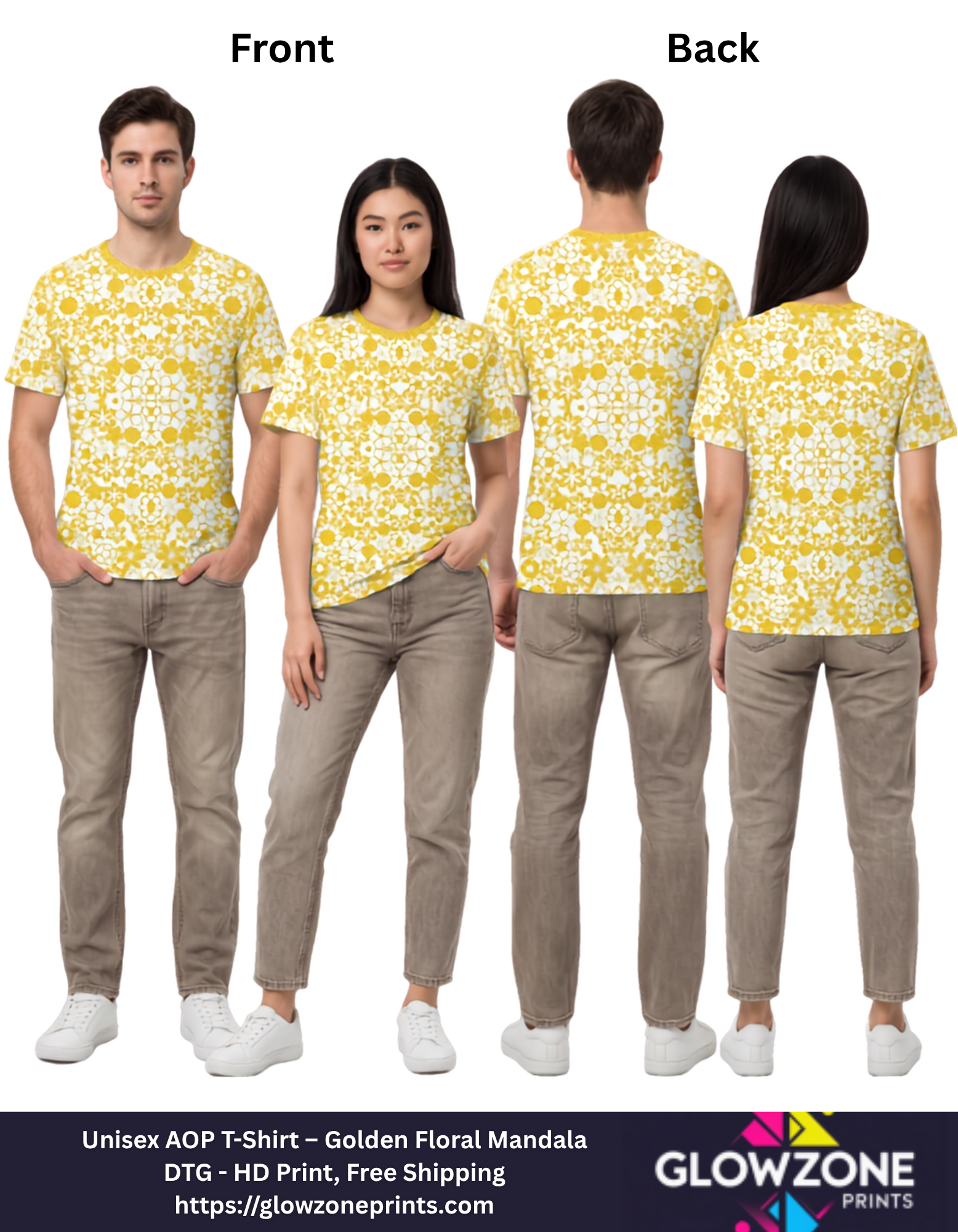 Unisex AOP T-Shirt – Golden Floral Mandala GlowZonePrints