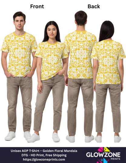 Unisex AOP T-Shirt – Golden Floral Mandala GlowZonePrints