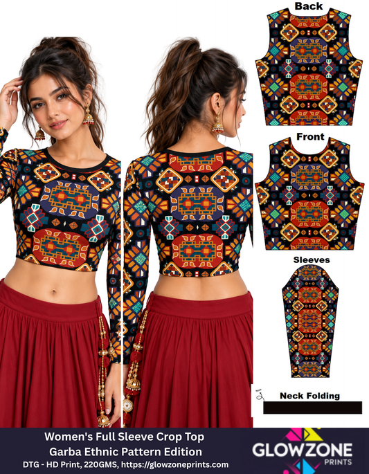 Women's Full Sleeve Crop Top – Garba Ethnic Pattern Edition Garba Pattern 01 GlowZonePrints
