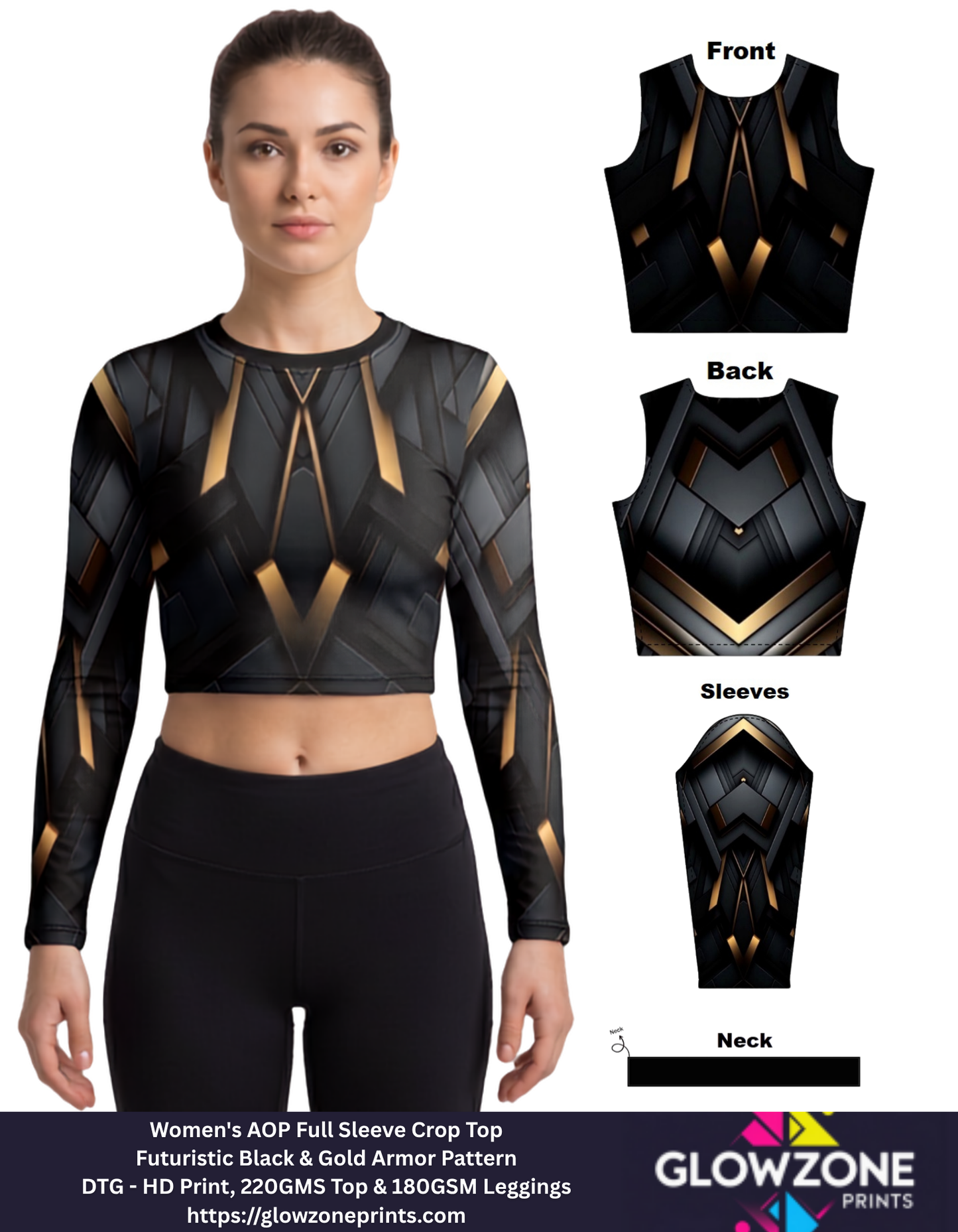 Women's AOP Full Sleeve Crop Top – Futuristic Black & Gold Armor Pattern