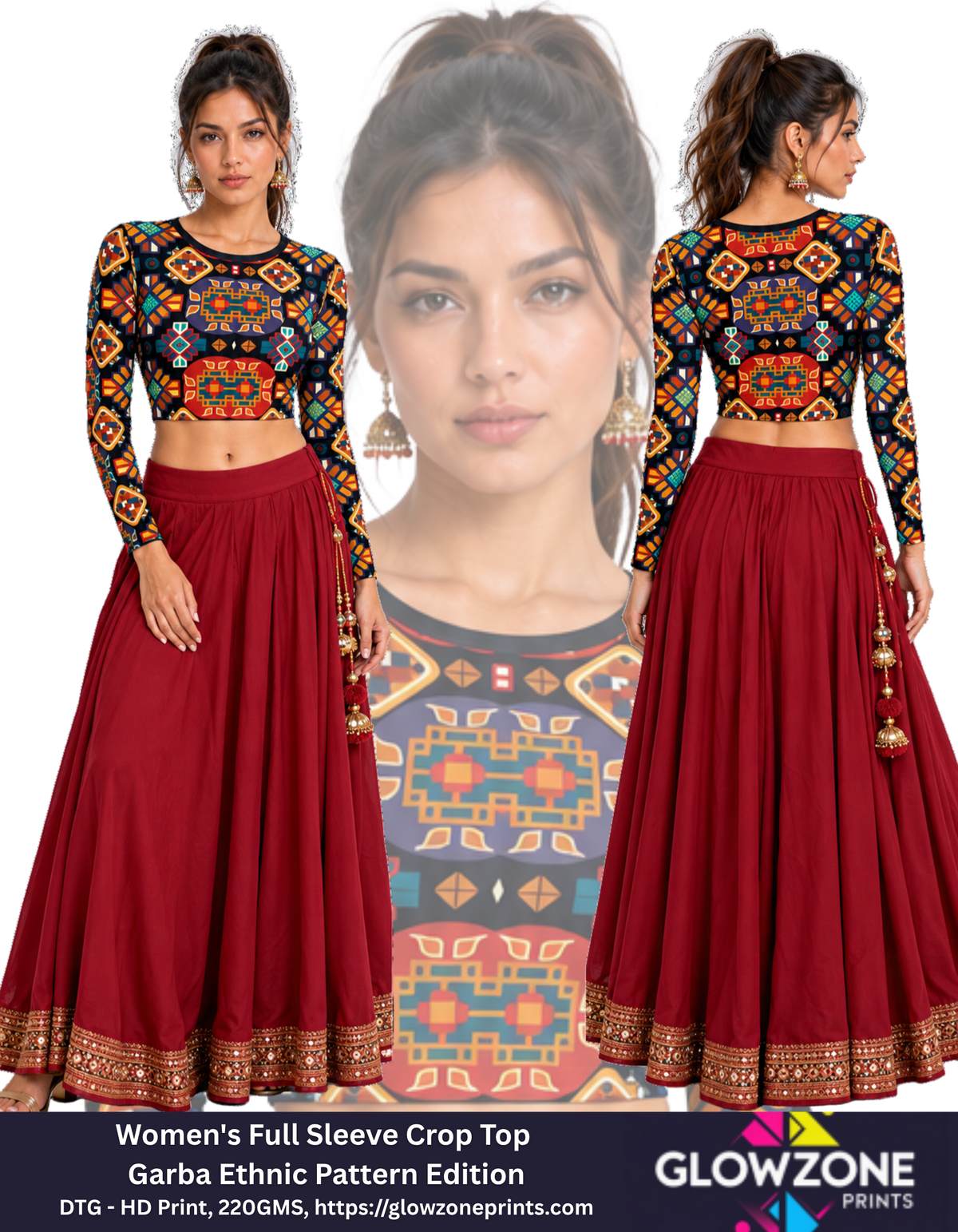 Women's Full Sleeve Crop Top – Garba Ethnic Pattern Edition GlowZonePrints