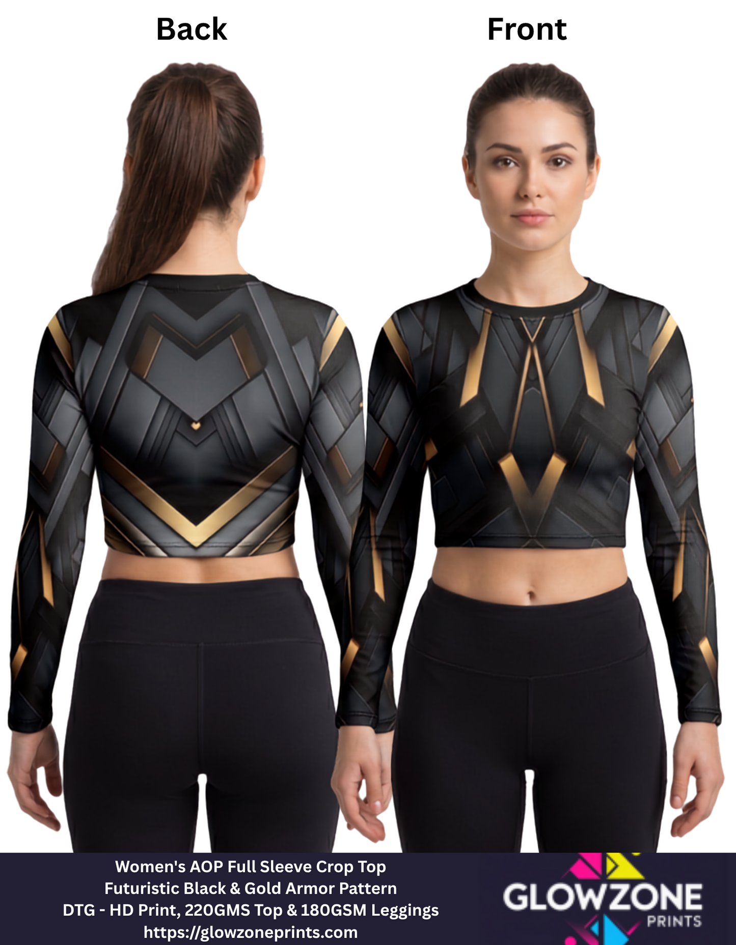 Women's AOP Full Sleeve Crop Top – Futuristic Black & Gold Armor Pattern
