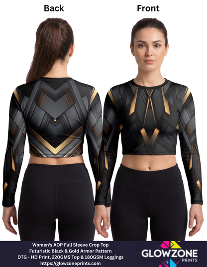 Women's AOP Full Sleeve Crop Top – Futuristic Black & Gold Armor Pattern