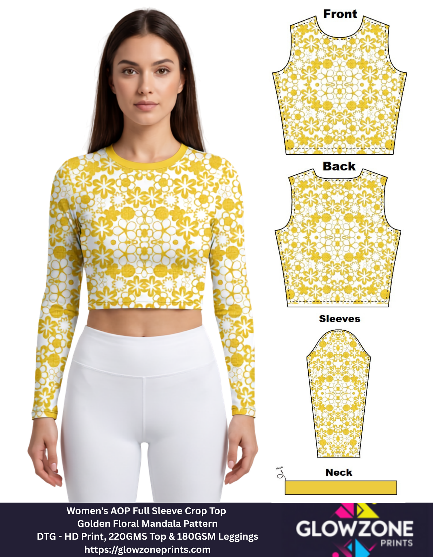 Women's AOP Full Sleeve Crop Top – Golden Floral Mandala Pattern