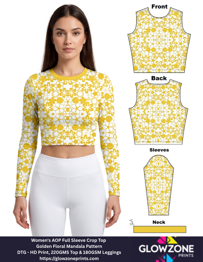 Women's AOP Full Sleeve Crop Top – Golden Floral Mandala Pattern