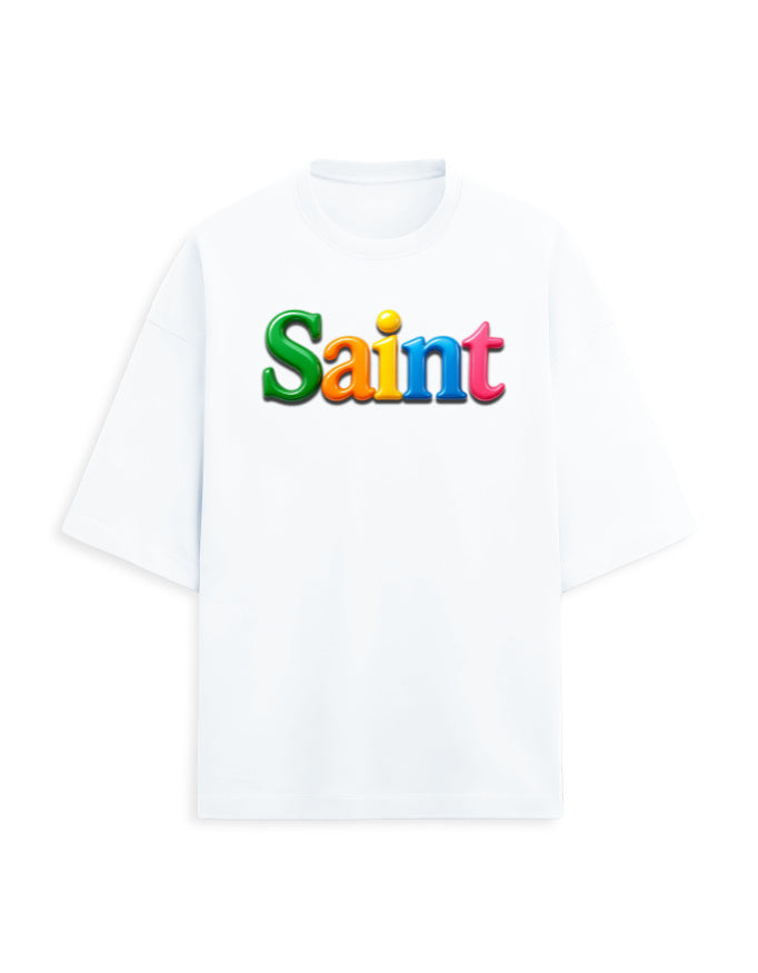 Unisex Terry Oversized Tee – Glossy SAINT Text Edition White - Glossy Text Effect GlowZonePrints