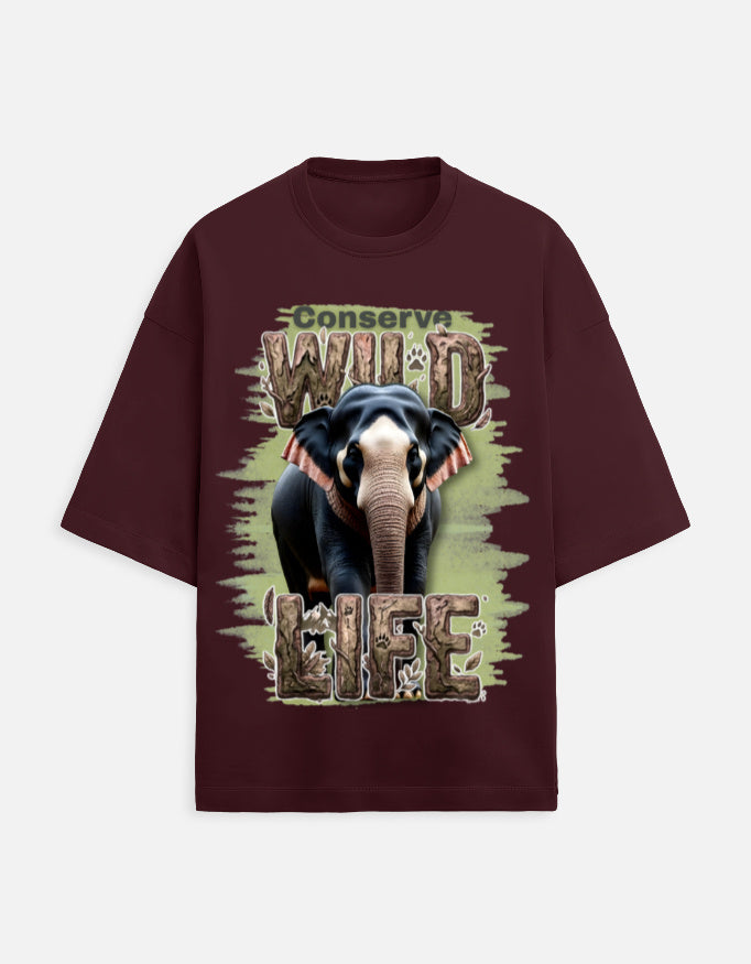 Unisex Terry Oversized Tee – Conserve Wild Life Maroon GlowZonePrints